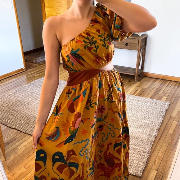 FARM Rio Dresses & Skirts - Farm Rio Orange Tropical One Shoulder Puff Sleeve Cutout Waist Boho Maxi Dress M